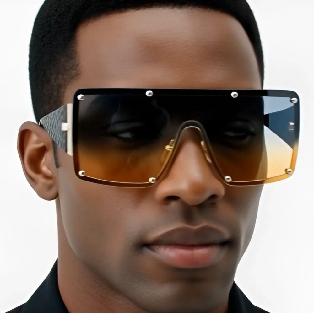 Men Large Exaggerated Thick Metal Plastic Mod Fashion Rectangle Sunglasses Gafas